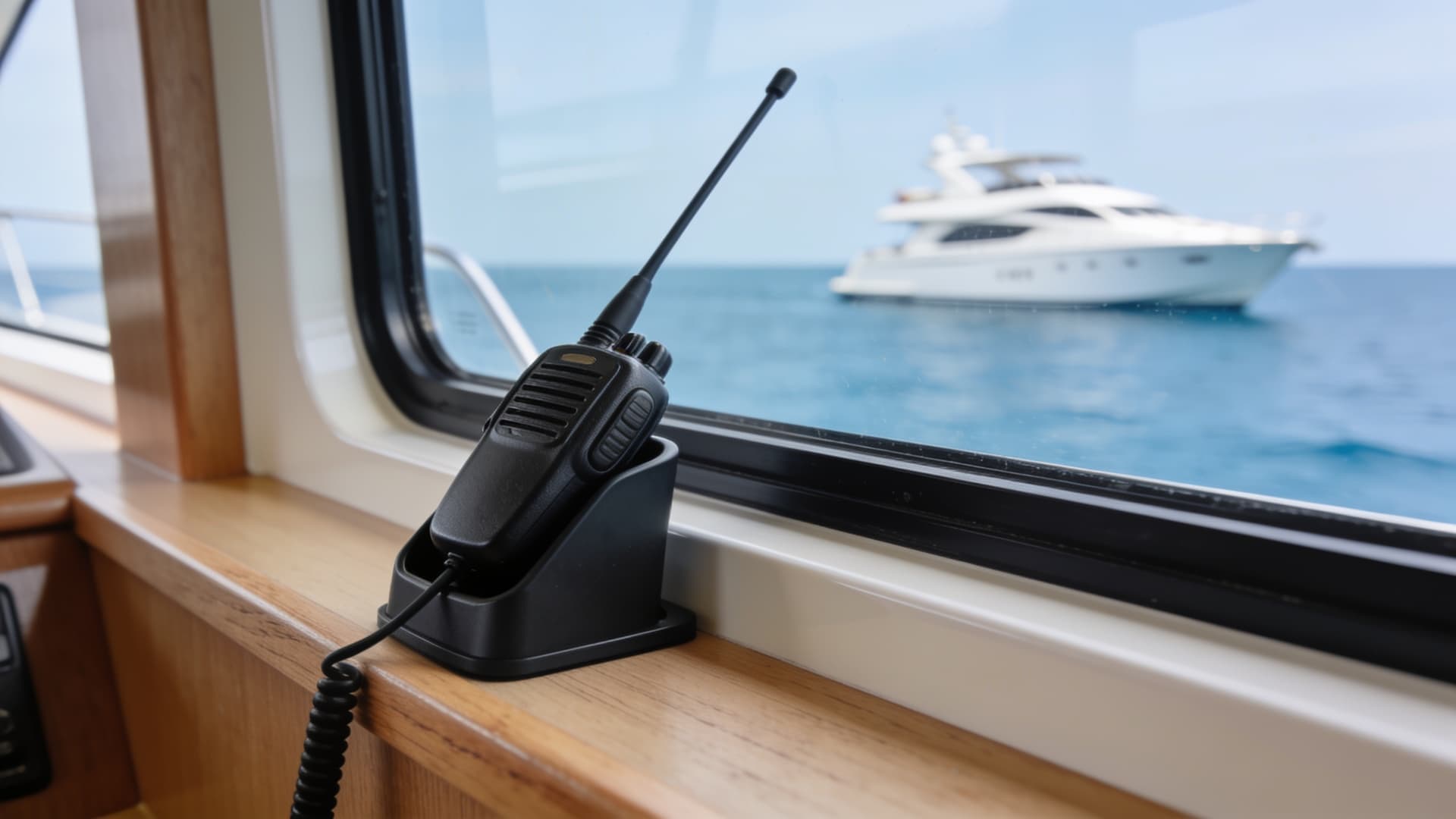 A marine radio handset, with a yacht beyond the window