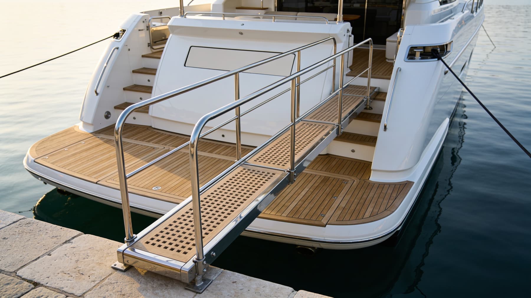 A gangway leading onto a yacht's swim platform