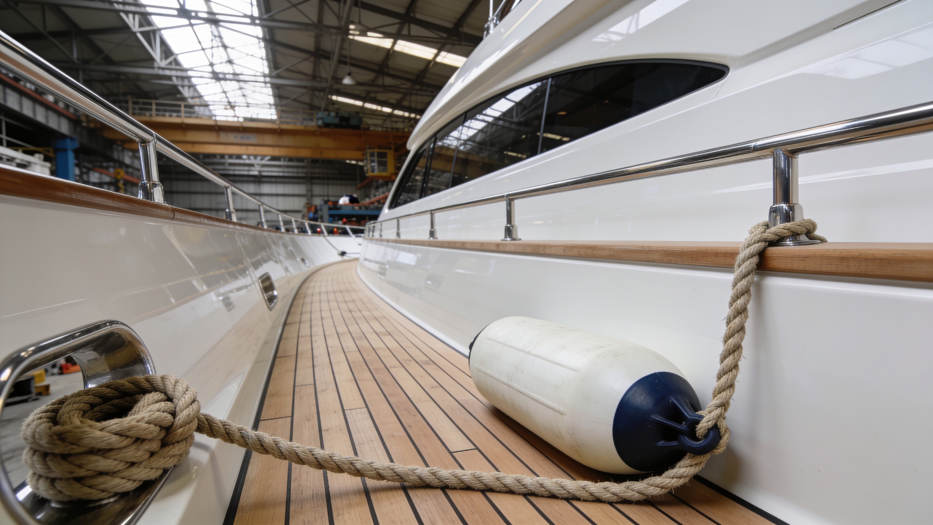 The side deck of a motor yacht in a shipyard